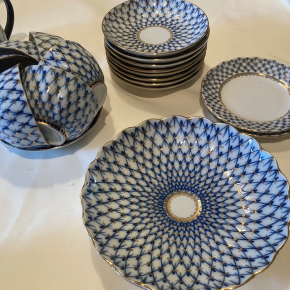 Lomonosov Imperial Porcelain Cobalt Net tea set 21 pc - Picture 2 of 11